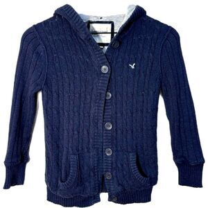 American Eagle Outfitters Cable Knit Hooded  Cardigan Kids M Navy Blue.